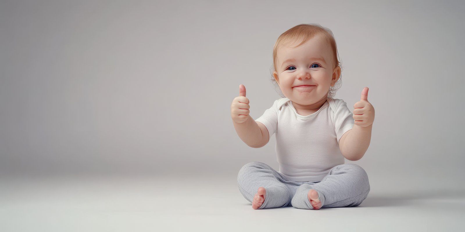 Baby expresses joy with thumbs up while seated on a light-colored floor in a simple indoor setting